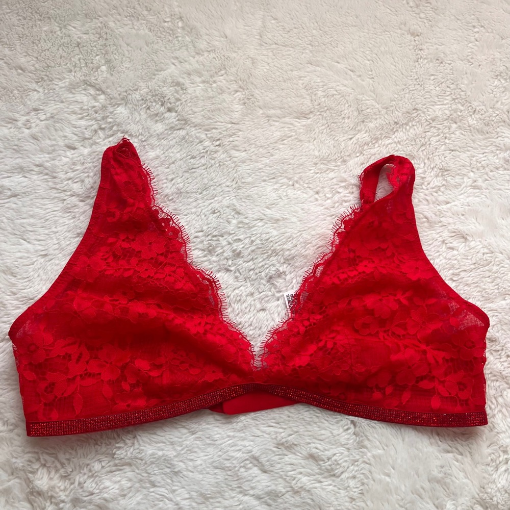 Victorias Secret Dream Angels Red Floral Lace Bralette Glitter Band Small 420579